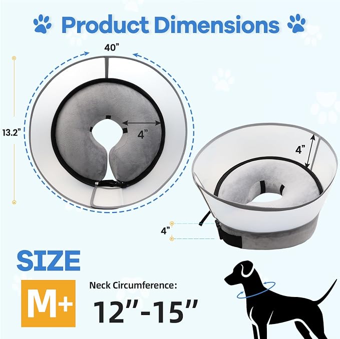 2-in-1 Upgraded Inflatable Dog Cone Collar with Detachable Anti-Licking Shield, Soft (M, Black)
