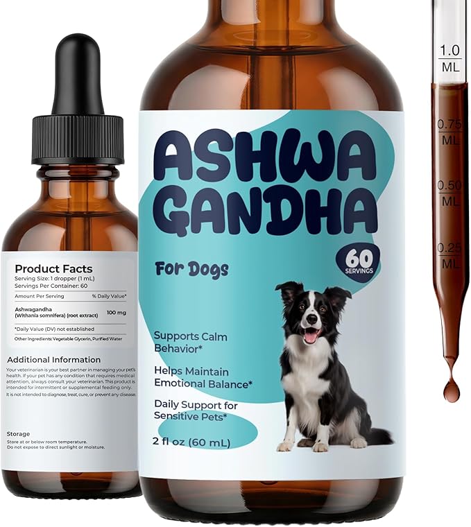 Ashwagandha for Dogs Liquid Drops, Dog Calming Support Supplement, Helps Maintain Calm Behavior, Emotional Balance & Relaxed Daily Routine, Easy to Add to Food or Water, 2 fl oz