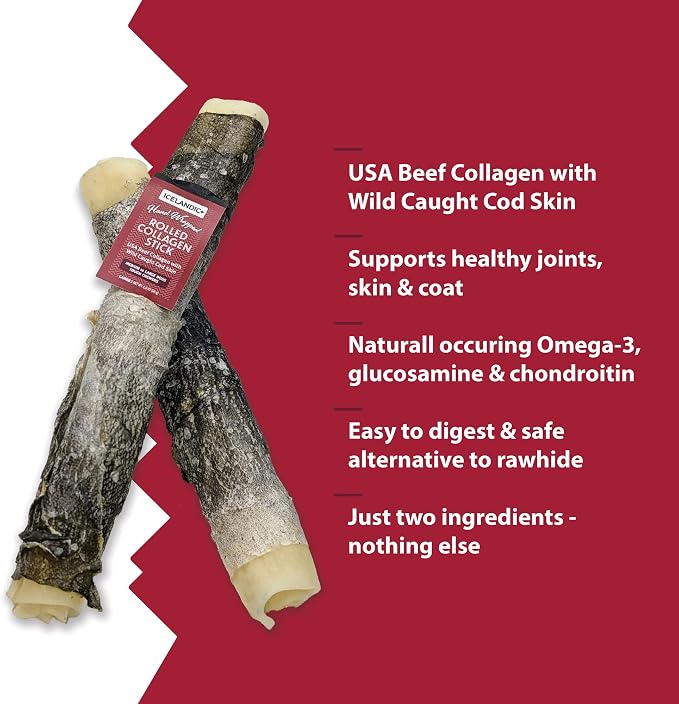 Icelandic+ Rolled Collagen Stick: Beef & Cod Skin - 8" Dog Crew Treat, Hand-Wrapped Fish, 2 Ingredient Pet Snacks, Dental Health, Rawhide Alternative