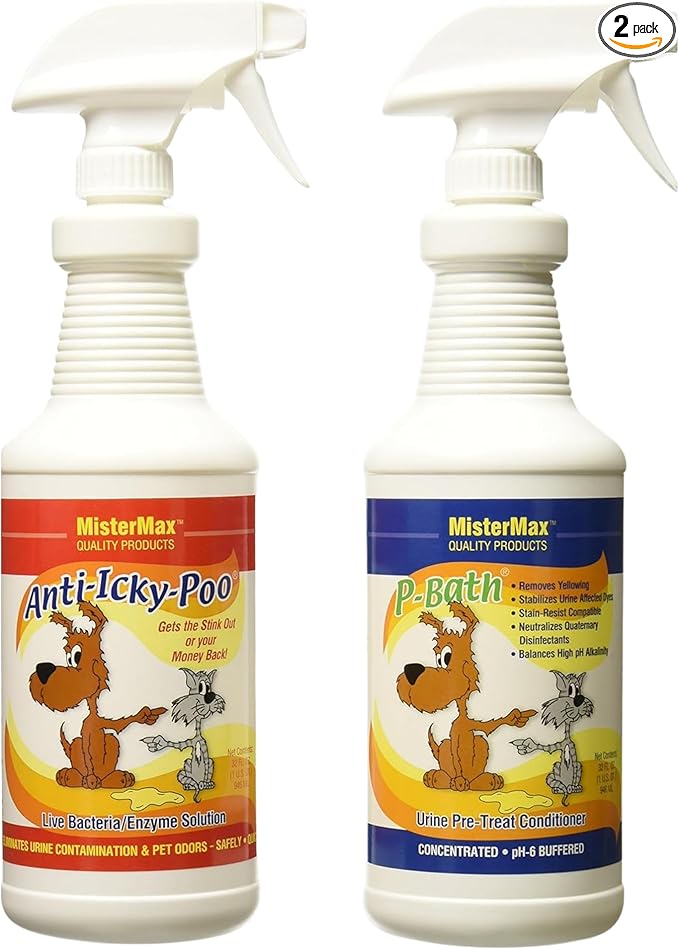 Mister Max Anti Icky Poo Enzyme Cleaner Spray Combo - Pet Urine Odor Remover & Tough Stain Remover with P-Bath (Urine Pre-Treat Conditioner)