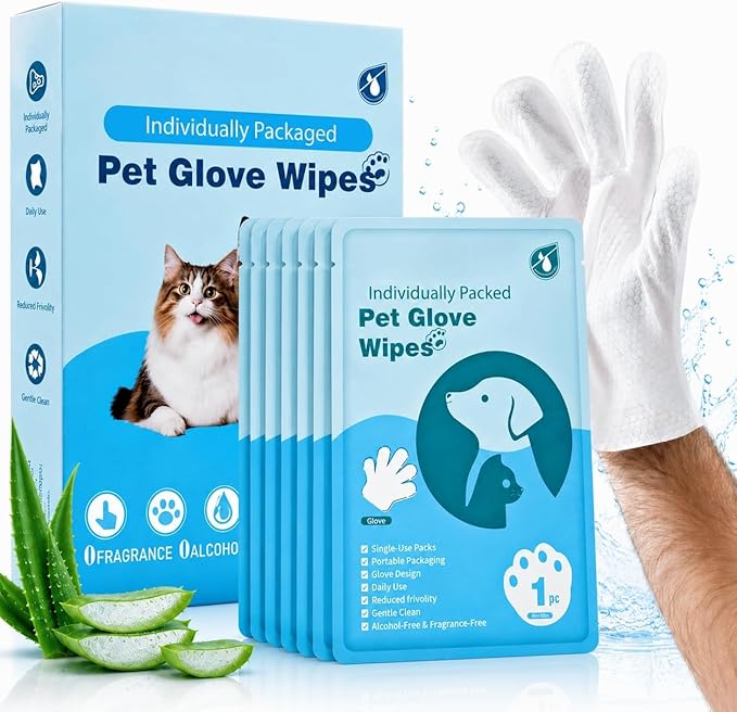 Pet Grooming Glove Wipes (6pc), Extra Thick Rinse-Free Bathing Gloves for Dogs & Cats, Unscented Hypoallergenic Deodorizing Wipes with Aloe & Glycerin, Portable Travel Pet Cleaning Supplies