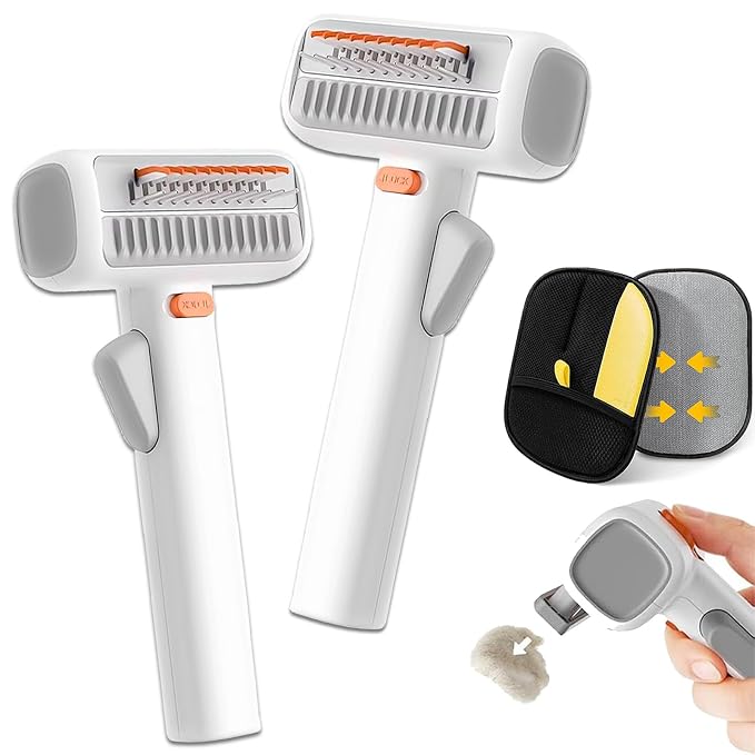 2-in-1 Pet Self-Detangling & Grooming Comb for Dogs & Cats, Dematting Brush & Undercoat Rake, One-Touch Self-Cleaning Deshedding Tool for Removing Mats, Tangles & Loose Fur (2pcs)