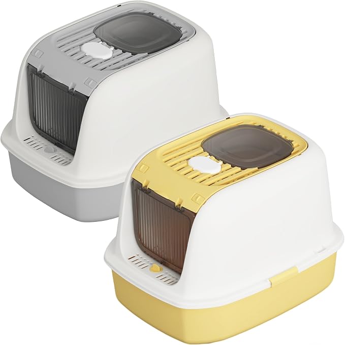 Cat Litter Box 2-Piece Set with Scoop Front Entry Covered Top Exit Ideal for Small Medium Cats 20.6”×16”×14.3” Grey+Yellow
