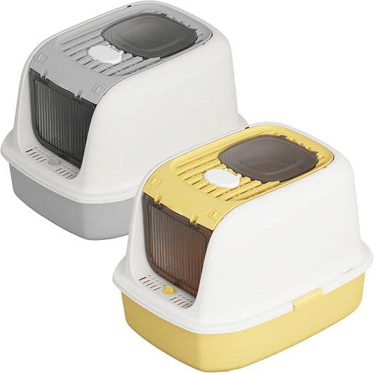 Cat Litter Box 2-Piece Set with Scoop Front Entry Covered Top Exit Ideal for Small Medium Cats 20.6”×16”×14.3” Grey+Yellow