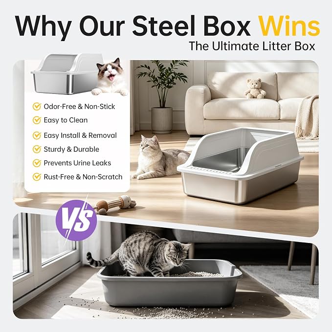 Stainless Steel XL Cat Litter Box for Cats, High-Sided Design Prevents Urine Leakage, Non-Stick, Easy to Clean, Includes Scoop, Gray XL 2 Pack