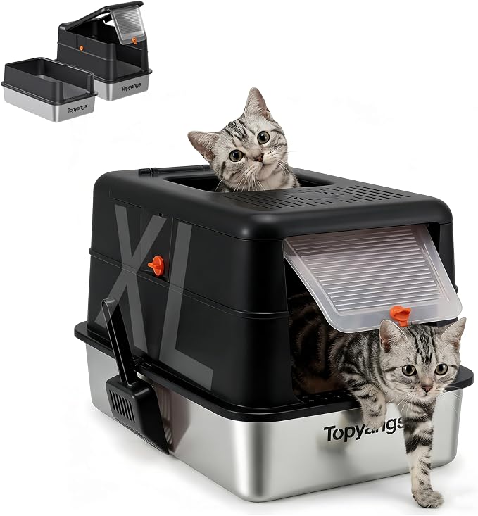 Stainless Steel Cat Litter Box, Enclosed Odor Control Extra Large Metal Litter Box with Lid, 135° Flip-Top Covered Design, Leak-Proof High Sided Box for Large Cats & Multi-Cat Homes, Black