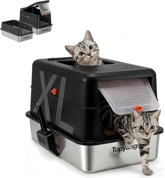 Stainless Steel Cat Litter Box, Enclosed Odor Control Extra Large Metal Litter Box with Lid, 135° Flip-Top Covered Design, Leak-Proof High Sided Box for Large Cats & Multi-Cat Homes, Black
