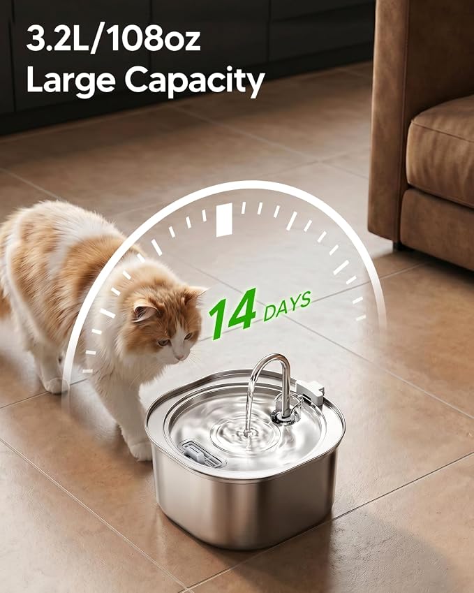 PEKTACO Cat Water Fountain, 3.2L/108oz Stainless Steel Pet Water Fountain for Cats Indoor, Dog Drinking Dispenser Metal Kitty Spout with 3 Filters+ 3 Sponges