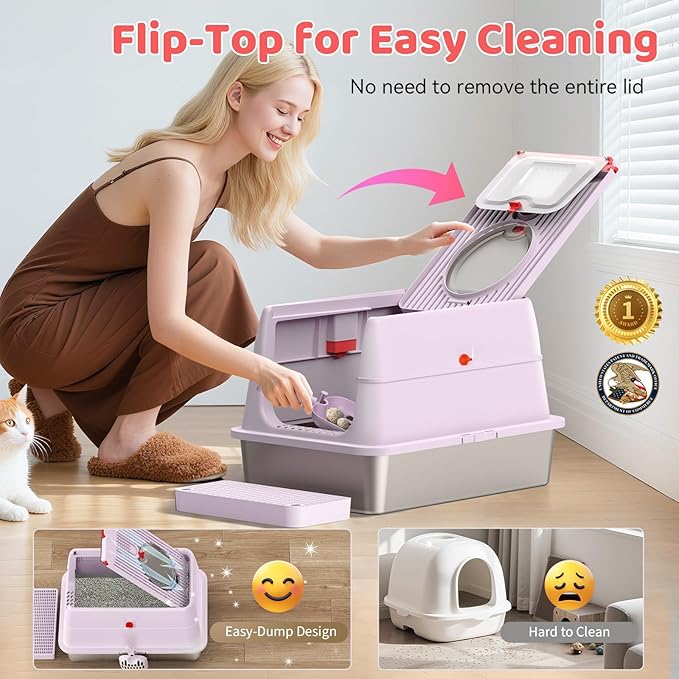 Stainless Steel Cat Litter Box with Lid, 180° Flip Top Kitty Litterbox, XL High Sided Enclosure Litter Pan for Big Cats, Front & Top Entry, Anti-Leakage, Odor-Free, Includes Scoop Mat, Purple Pink