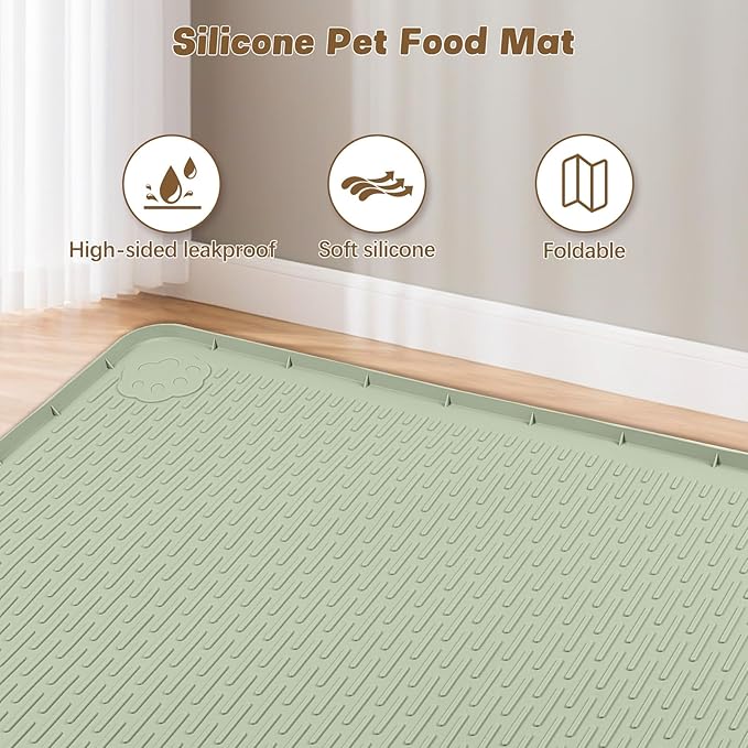 Cat Food Mat, 40" x 28" Cat Litter Mat Extra Large Silicone Pet Feeding Mat with Raised Edge Pet Placemat for Food and Water Bowl Non-Slip, Easy to Clean, Floor Protection (Green)