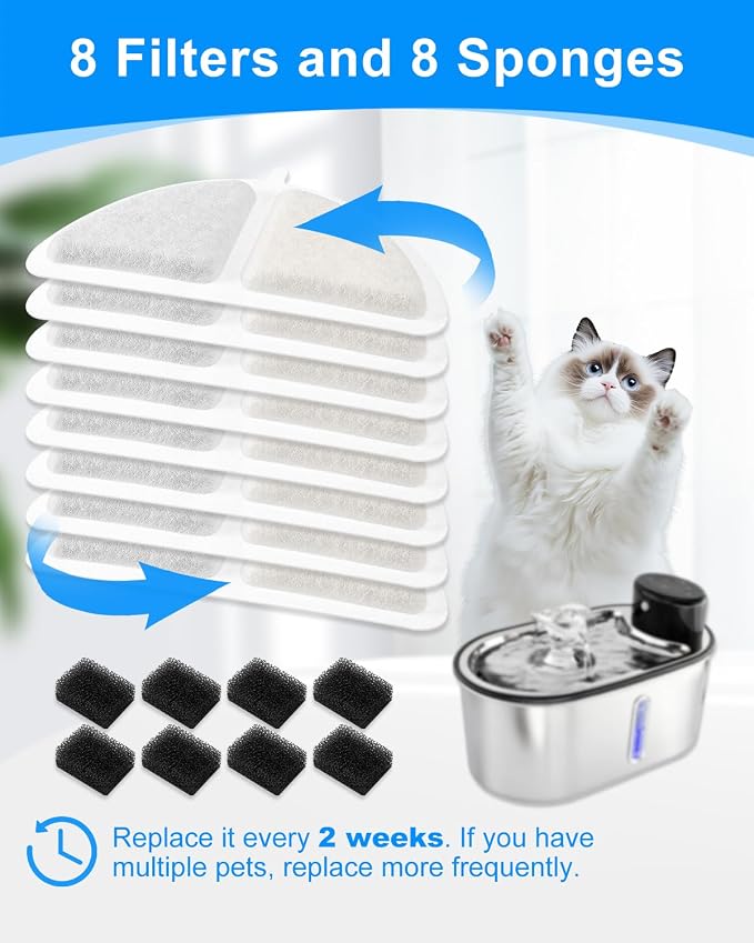 8+8 Pack Replacement Filters For Cat Fountain Compatible with LIPPUP 3.2L Pet Water Fountain – 4 Months Set of Activated Carbon & Ion Exchange Resin