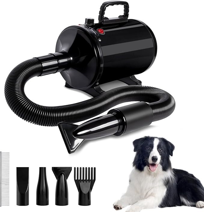 IVY&LANE Dog Hair Dryer for Pet Grooming,High Velocity Dog Dryer Force Blower with 4 Nozzles,Adjustable Speed and Temperature Control Dogs Blow Dryer,Noise Reduction,Black