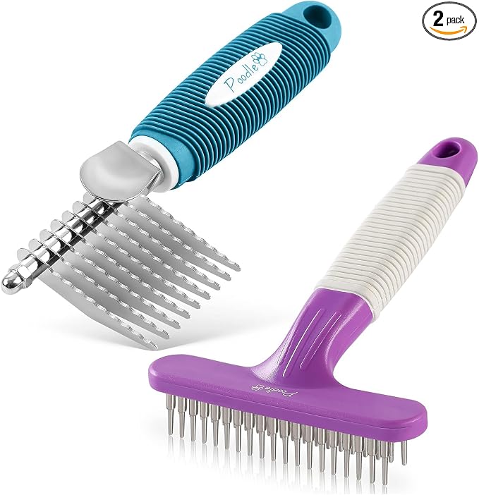 Poodle Pet Bundle - Dematting Fur Rake Comb Brush Tool with Steel Safety Blades for Detangling Matted or Knotted Undercoat Hair + Dog Grooming Rake Brush with Stainless Steel Shedding Comb for Pets