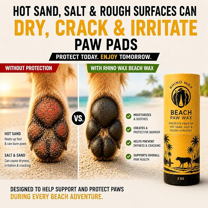 Rhino Wax - Dog Paw Beach Wax 2oz - Protects Against Sharp Rocks, Hot Sand, Glass, Coral, or Other Hazards at Beaches - Moisturizes and Improves Elasticity - Lick Safe - Natural Ingredients - USA Made