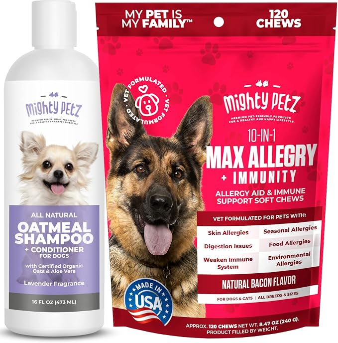Mighty Petz 2-in-1 Oatmeal Dog Shampoo and Conditioner + Mighty Petz MAX Dog Allergy Relief Bundle