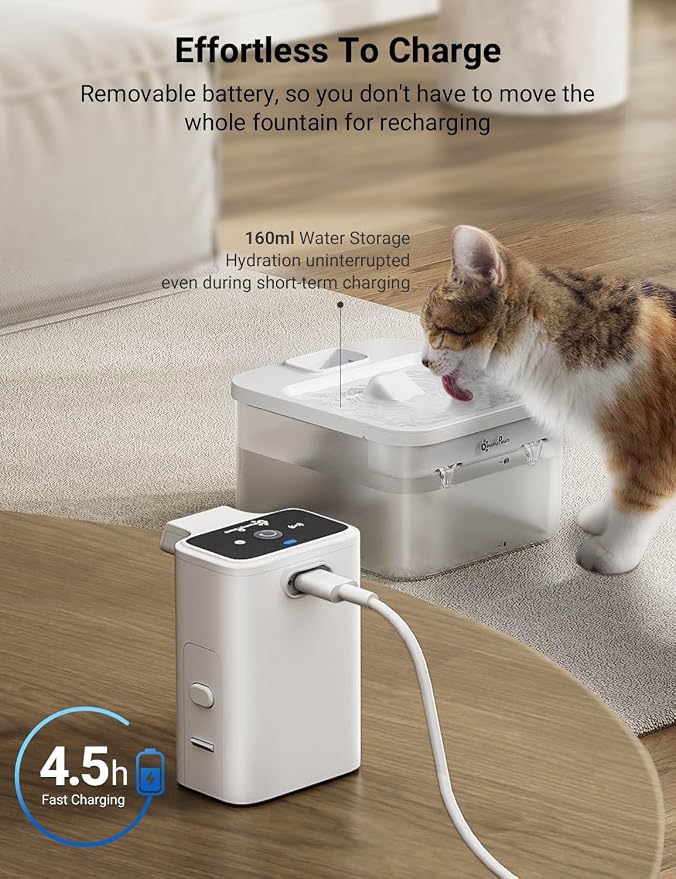 DownyPaws White Battery Operated Water Fountain Cats Wireless Fountain with 6 pcs Replacement Filters for 3 Months