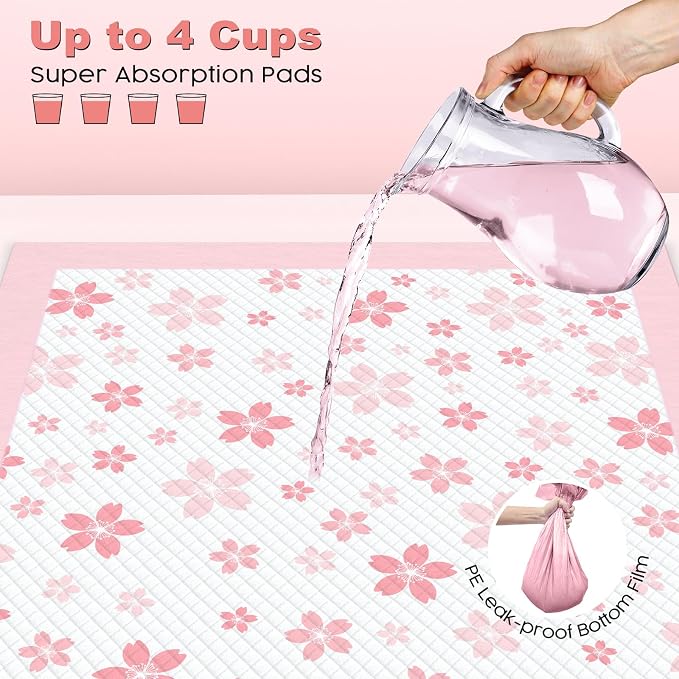 MIZOK Puppy Pads Pink 22x22in, Quick-Dry Puppy Training Pads with Pheromone Attractant, Decorative Cherry Blossom 6-Layer Heavy Duty Leak-Proof Pet Pads, Disposable (50 Count)