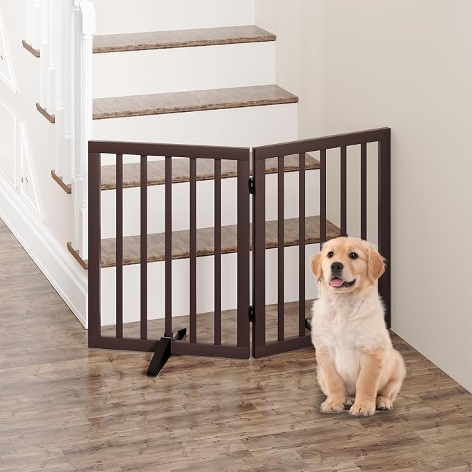 Dog Gates for Doorways, Freestanding Foldable Dog Gate Indoor, Pet Gates for Doorways Bedroom, Puppy Gate with Metal Support Feet, Room Divider 2 Panels (Brown)