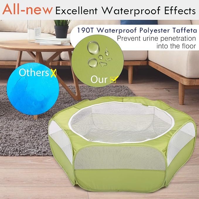 Pawaboo Small Animals Playpen, Waterproof Small Pet Cage Tent with Zippered Cover, Portable Outdoor Yard Fence with 3 Metal Rod for Chick/Kitten/Puppy/Guinea Pig/Rabbits/Hamster/Chinchillas,Green