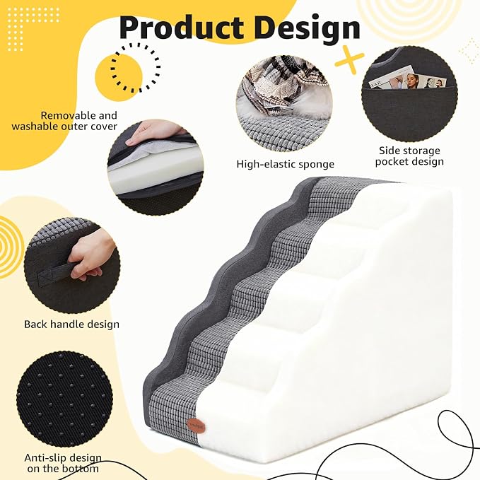 Woochpet Side Armrest Dog Stairs for High Beds Up to 26-30", 5-Step Pet Ramp with Weighted Base Plate, Washable Cover, Gentle Slope Steps, Bed & Couch Ladder for Small Medium Dogs & Senior Cat