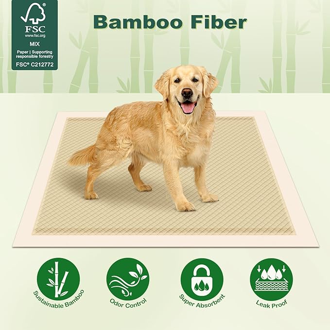 MIZOK Pee Pads for Dogs 36x36in Bamboo Dog Pads Super Absorbent Odor Eliminating Leak-Proof, XXL Dog Pee Pads with Adhesive Tabs for Large Breeds, Disposable (100 Count)
