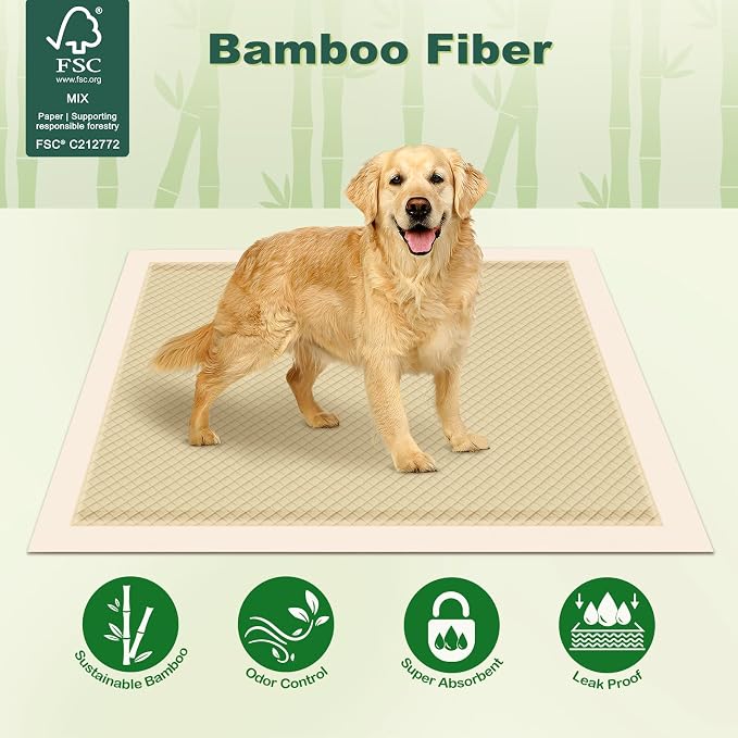 MIZOK 100 Counts Dog Pee Pads Extra Large 28"x34", Bamboo Puppy Pads Super Absorbent & Leak-Proof, 4-Corner Adhesive Tabs, Wee Wee Pads for Dogs Superior Odor Protection, XL