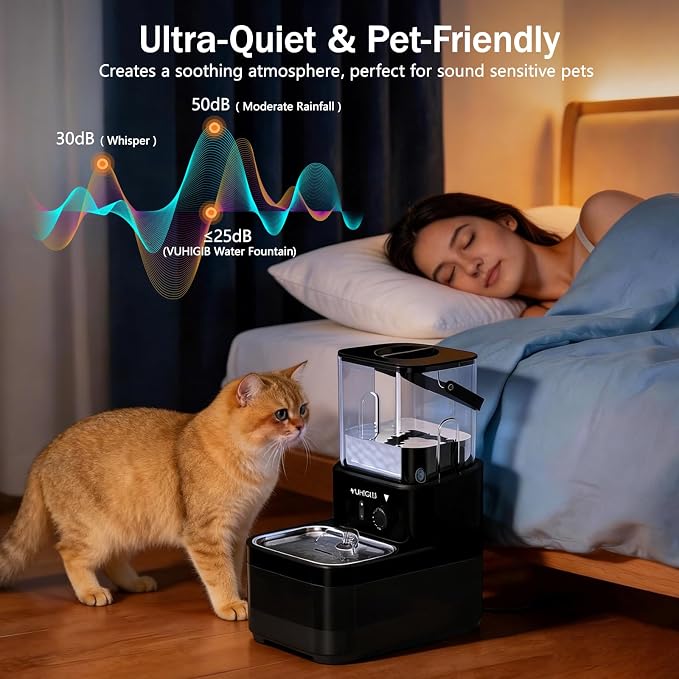 Wireless Cat Water Fountain, Wastewater Separation No Filter Cotton 3L Automatic Cat Water Dispenser Ultra Quiet Stainless Steel Pet Water Fountain for Cats Small Dogs Multiple Pets Indoor