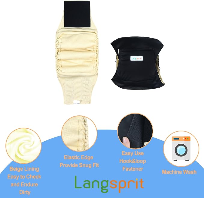 Langsprit Male Belly Bands for Dogs (Pack of 3) - High Absorbing Dog Wraps Male Washable - Reusable Dog Diapers (Black, Small)