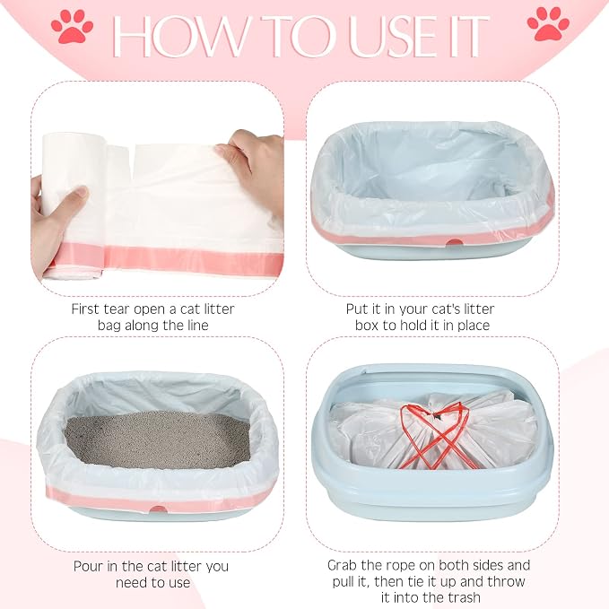Sabary 30 Cat Litter Box Bags Jumbo Kitty Pan Liners with Drawstring Sturdy Hdpe Material for Cat Pet Waste Litter Box Tray, Pink (31 x 18 Inch)
