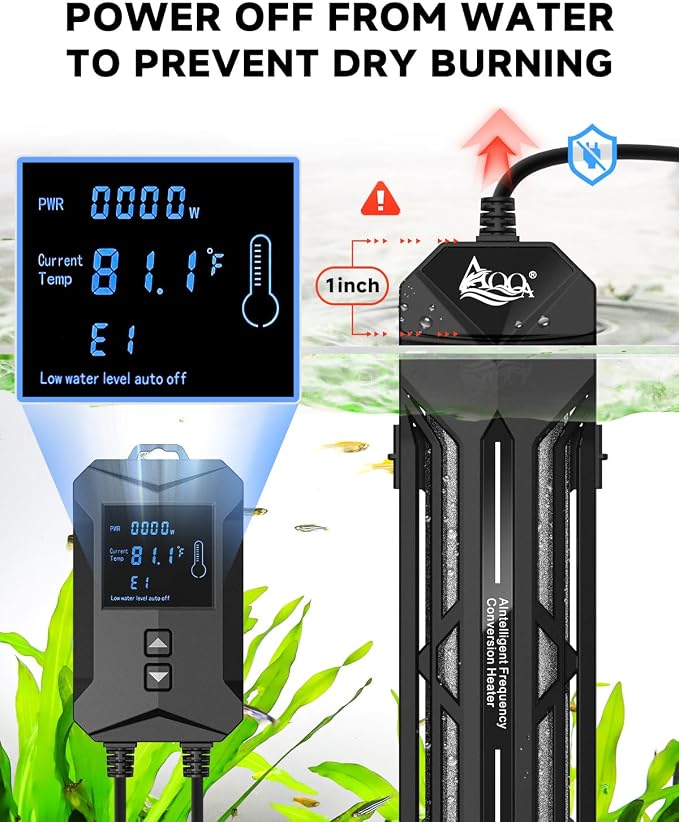 AQQA Aquarium Heater 800W/1000W/1200W/1400W Fish Tank Heater with LED Digital Display 110-120V Submersible No Pond Heaters with Overheat & Dry-Out Protection for Freshwater & Saltwater Tanks (1200W)