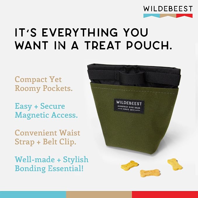 Wildebeest Dog Treat Pouch, Dog Treat Bag, Dog Training Treat Pouch, Dog Travel Bag, Pet Treat Pouch, Magnetic Closure, 2 Water-Resistant Compartments, Detachable Waist Strap & Belt Clip (Olive)
