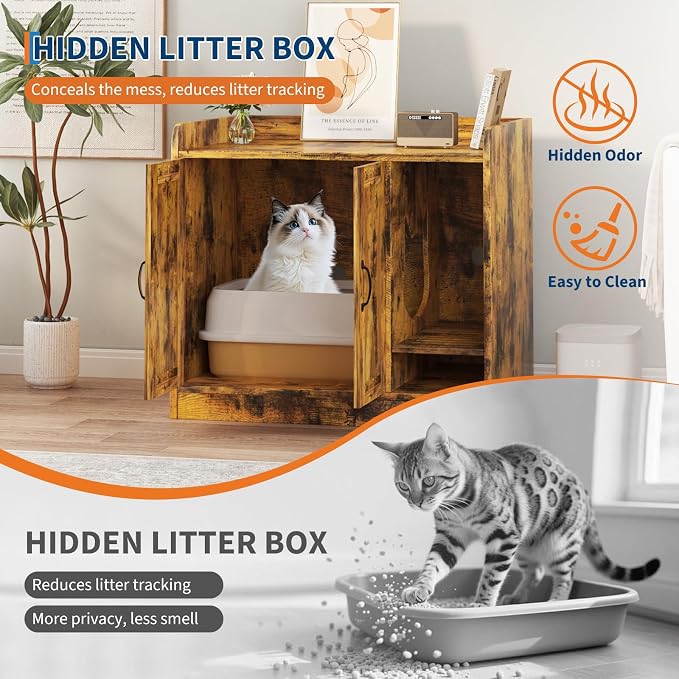 Cat Litter Box Enclosure,Hidden Litter Box Furniture with Divider,Indoor Cat House,Wooden Cat Washroom Storage Cabinet Bench, Side End Table Nightstand, 33.07" L × 23.62" W × 23.92" H,Rustic Brown