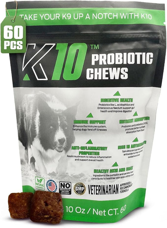 K10 Probiotic Chews for Dogs (60ct) – Advanced Digestive Support with Probiotics, Prebiotics & Superfoods – Vet-Preferred Dog Supplement for Digestion, Immunity, Skin, Coat & Everyday Vitality