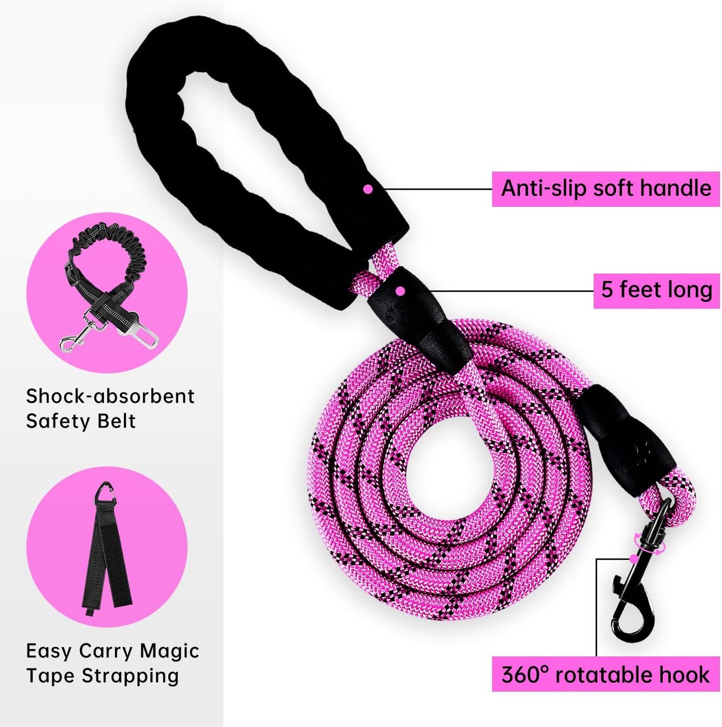 IVY&LANE No Pull Dog Harness for Large Dogs, Dog Vest Harness with Leash, Safety Belt and Storage Strap, Fully Adjustable Harness, 360° Reflective Strip, Soft Handle (Fuchsia Pink, XL)