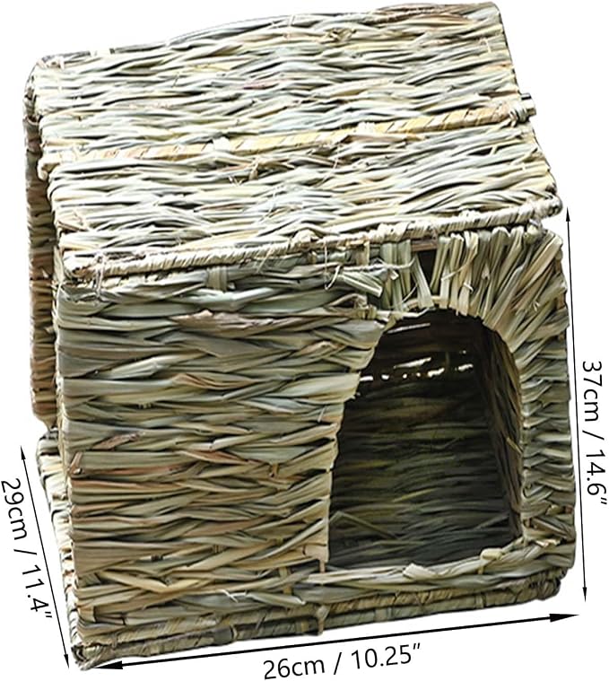 Foldable Grass Woven Animal Hut Bunny House Play Hideaway Bed Mat Chew Toy for Rabbit Guinea Pigs Gerbils Hamster (14.5"x11"x10")