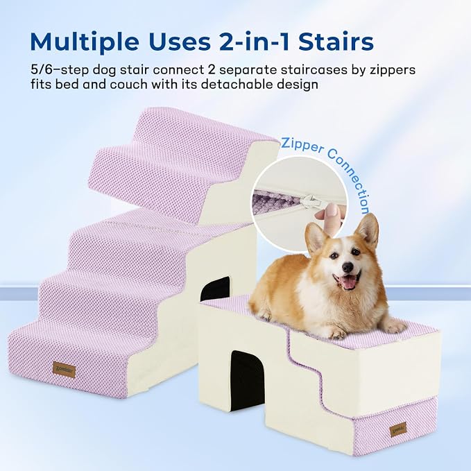 ZOMISIA Dog Steps for High Beds - 6 Step 29" H Pet Stairs with Tunnel 2 in 1 with Zippers Suitable for Small Dogs and Cats, Indoor Cat Ladders with Non-Slip Bottom, Beige