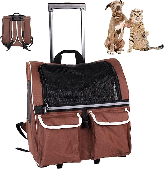 Pet Rolling Carrier Backpack with Wheels, Portable Cat Dog Travel Trolley Bag Carrier Case Luggage Box Backpack for Outdoor Indoor Use for Small Dogs/Cats