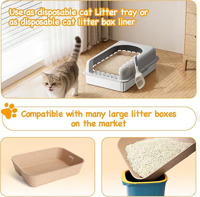 Disposable Litter Boxes for Cats, Durable and Water Resistant, Sustainable Large Disposable Litter Box, Disposable Cat Litter Boxes for Indoor/Travel Use, Standalone or as Liner (Brown, Large 5-Pack)