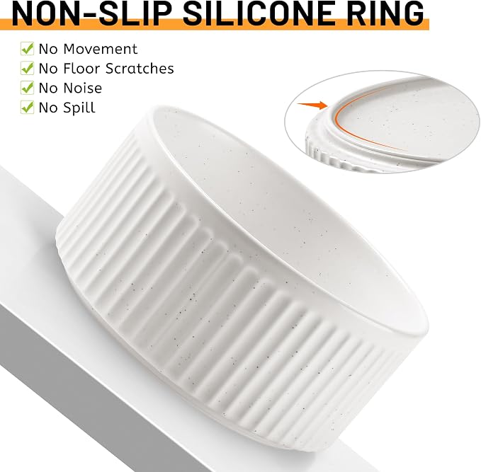 Non-Slip Ceramic Dog Bowls with Wooden Stand,8" Dog Food and Water Bowl Set with Silicone Base, 64 OZ/8 Cups Weighted Flip-Proof Pet Feeding Bowl for Small Dogs and Cats (Large,White)