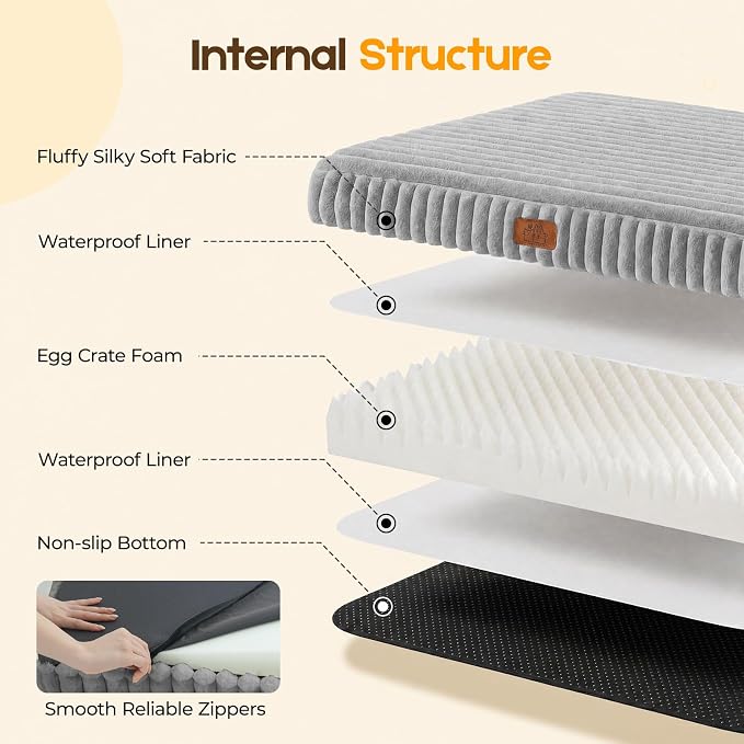 Orthopedic Dog Bed for XXL Jumbo Dog, Waterproof Pet Bed,Non-Slip Bottom and Egg-Crate Foam with Removable Washable Cover Crate Bed,Grey,47"x29"x4"