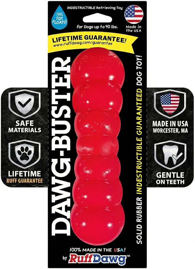 Ruff Dawg Indestructible Dawg-Buster Medium - 1pc Color Varies – Heavy-Duty Solid Rubber Dog Chew Stick for Dogs Under 40 lbs – Floats & Bounces – Made in USA