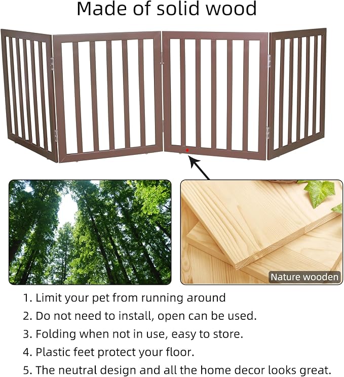 Dog Gate Indoor, Freestanding Dog Fence for The House, Doorways, Hallways,or Stairs,Pet Gate Foldable Wooden,Expandable 24" Height 4 Panels,Brown