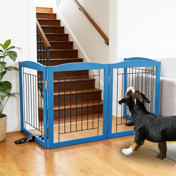 ZJSF Freestanding Dog Fence Indoor, Foldable Dog Gate for Doorways, Stairs or Hallways, Sturdy Wood Extra Wide Pet Gate with Support Feet for The House, Blue, 24 "Height-4 Panels