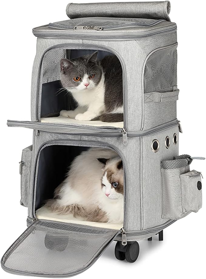 Pet Travel Carrier with Detachable Wheels, Double Compartment Cat Rolling Carrier with Telescopic Handle for 2 Cats to 20 LBS, Perfect for Traveling/Hiking/Camping
