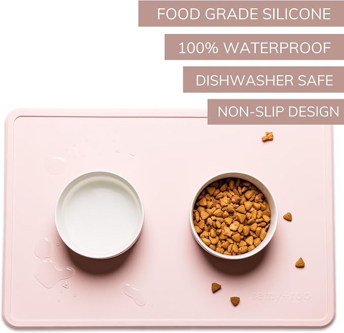 Remy+Roo Peony Silicone Dog Food Mat for Pet Bowl | 23.6" x 15.7" | 100% Waterproof | Non-Slip | Dishwasher Safe