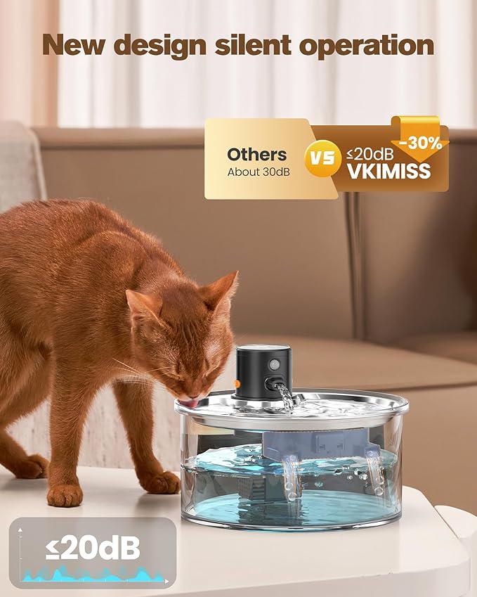 Wireless Cat Water Fountain Cordless | 108oz/3.2L Battery Operated Pet Fountain with Stainless Steel Water Tray + Plastic barrel (with 8 Filters & 8 Sponges)