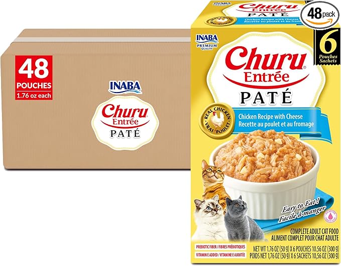 INABA Churu Entrée Pate for Cats, High Protein & Moisture, Prebiotic Wet Cat Food, 1.76oz. per Serving, 48 Pouches, Chicken with Cheese Recipe