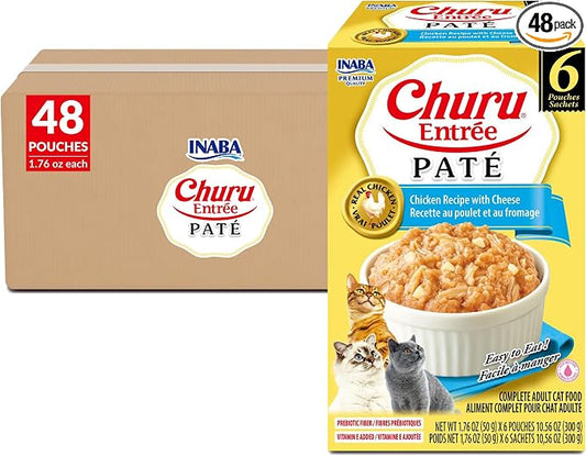 INABA Churu Entrée Pate for Cats, High Protein & Moisture, Prebiotic Wet Cat Food, 1.76oz. per Serving, 48 Pouches, Chicken with Cheese Recipe