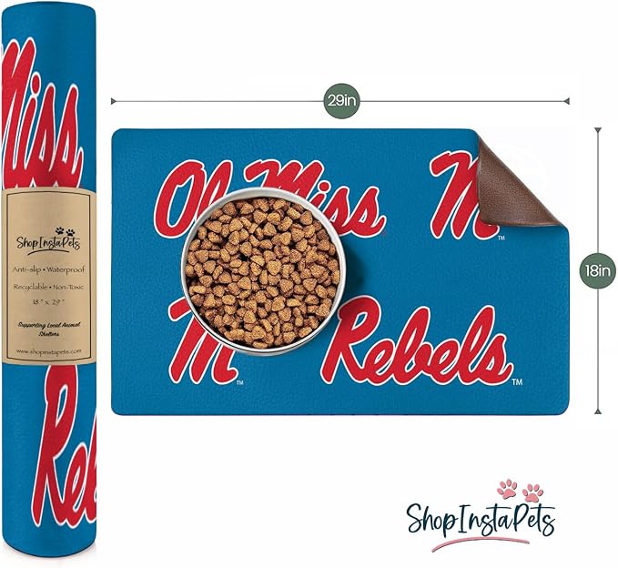 NCAA Officially Licensed Food and Water Mat for Dogs and Cats | 18" x 29" | Non-Slip | Water-Proof (Ole Miss Rebels)