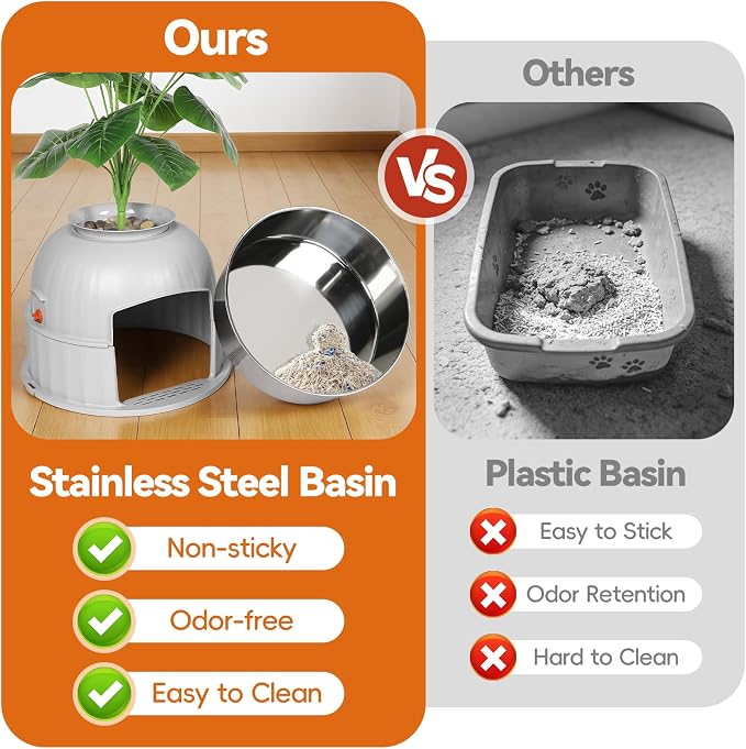Hidden Cat Litter Box Enclosure with Artificial Plant, Stainless Steel Litter Box Furniture, Decorative Round Planter Includes Scoop, Pebbles, Carbon Filter, Easy to Clean (Light Grey)